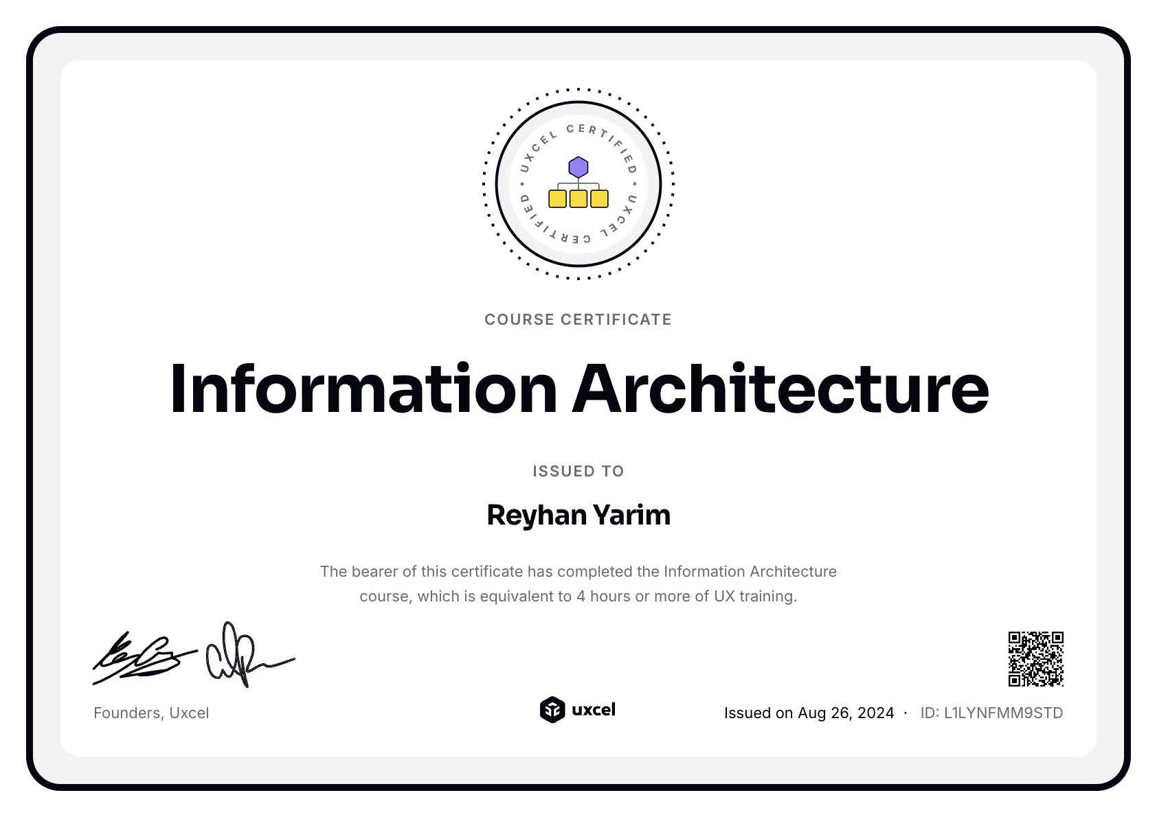 Reyhan Yarim's certificate